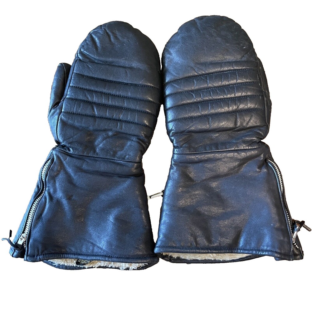 Vtg Mens Black M Leather Winter Ski Mittens Japan-Made Sherpa Lining Cowhide